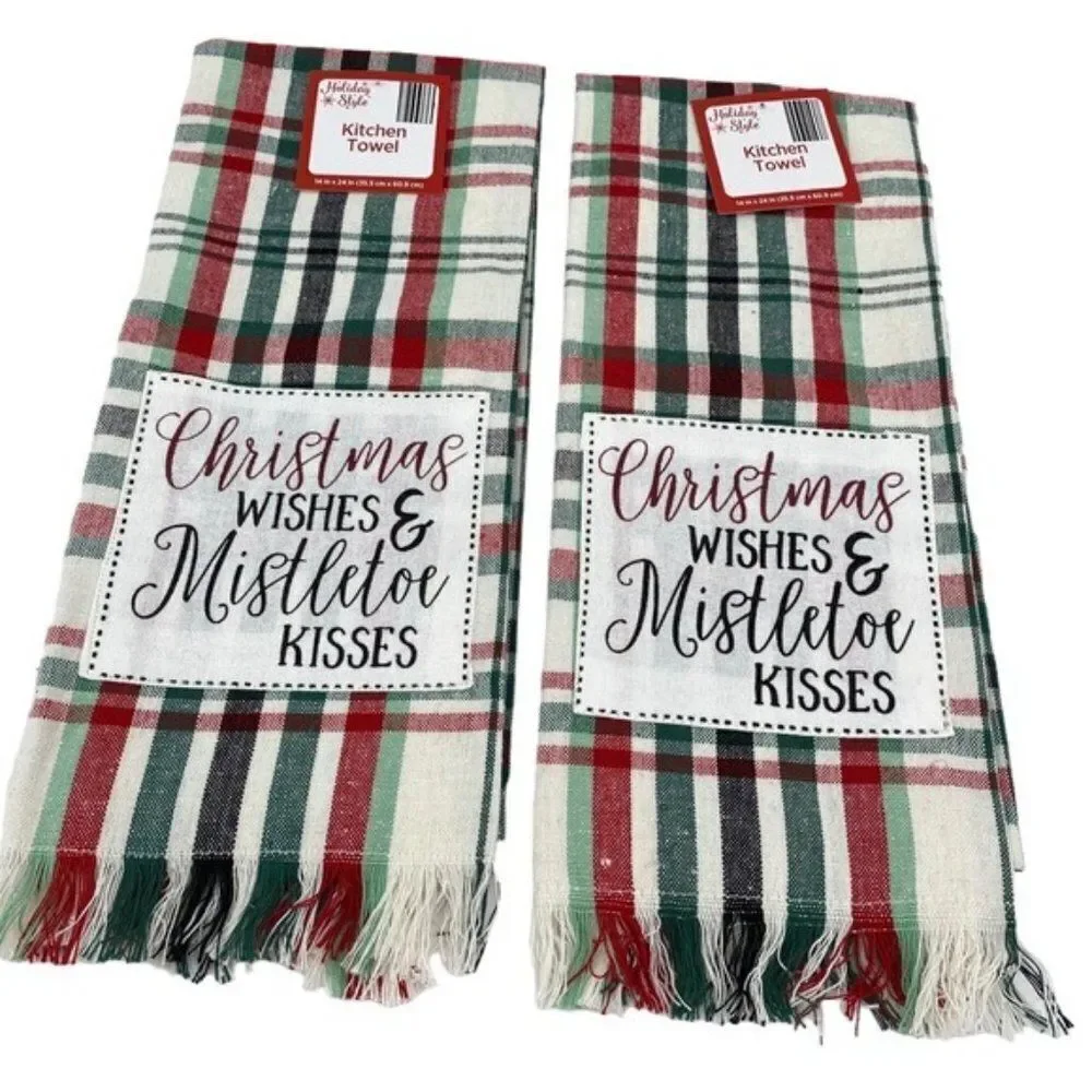 Christmas Wishes & Mistletoe Kisses Plaid Kitchen Towel Set New
